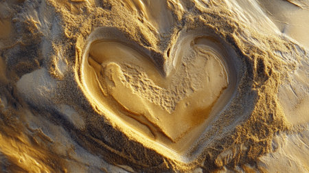 A beautiful heart shape naturally formed in beach sand, highlighted by golden tones and a smooth textureの素材