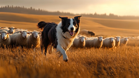 A lively border collie herding sheep in a picturesque countryside setting, showcasing agility and focusの素材