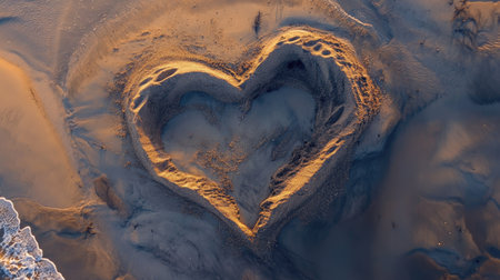 A naturally occurring heart design in fine sand, symbolizing love and connection amidst a peaceful settingの素材