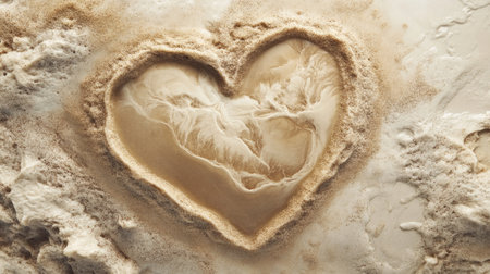 A naturally occurring heart design in fine sand, symbolizing love and connection amidst a peaceful settingの素材
