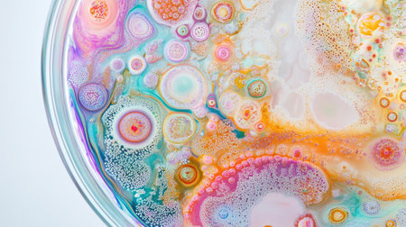 Petri dish with colorful bacterial colonies spreading in intricate patterns, perfect for scientific or educational themes, with copy spaceの素材