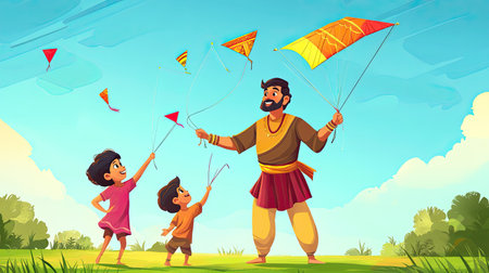 Cartoon Indian father teaching his children to fly kites on a sunny day, festive and lively moodの素材