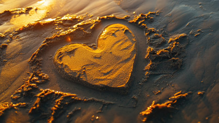 A beautiful heart shape naturally formed in beach sand, highlighted by golden tones and a smooth textureの素材