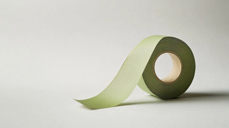 A roll of green adhesive paper tape unfurled slightly, showcasing its texture against a plain white backdropの素材