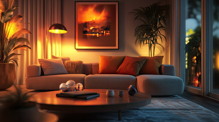 A luxurious modern living room with chic furniture, warm lighting, and a cozy atmosphere for relaxationの素材