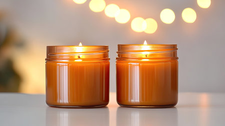A pair of warm orange candles glowing gently in glass jars, set against a soft and soothing backdropの素材