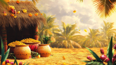 Artistic representation of a vibrant harvest festival with sugarcane, decorated pots, and a rustic rural hutの素材