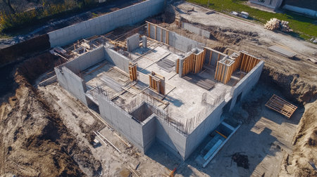 Building site of a residential house under construction, showcasing unfinished walls and roofingの素材