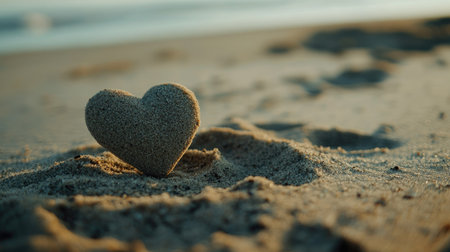 Close-up of a perfectly formed heart shape in beach sand, symbolizing love and the beauty of natureの素材