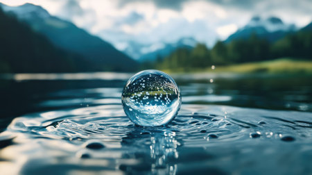Artistic water molecule in a natural landscape, representing sustainable water use and environmental careの素材