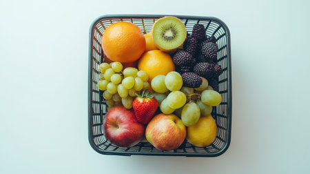Assorted fresh fruits neatly arranged in a shopping basket, isolated on a simple white backgroundの素材