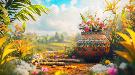 Beautifully decorated Pongal pot surrounded by sugarcane, turmeric plants, and festive flowers on a vibrant rural fieldの素材