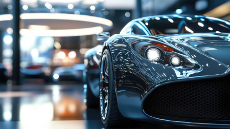 Close-up of a sleek new car's front grille and headlights, with a modern showroom in the backgroundの素材