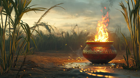 Decorated Pongal pot on fire in a serene village field, sugarcane stalks framing the festive sceneの素材
