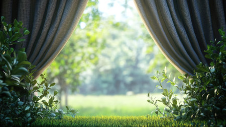 Elegant window curtains framing a blurry green garden view, illuminated by natural sunlightの素材