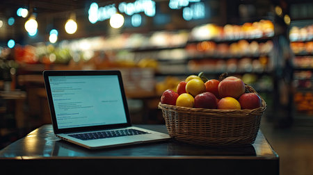 Conceptual grocery shopping setup featuring a laptop and fruit basket on a table, supermarket blur in the distanceの素材