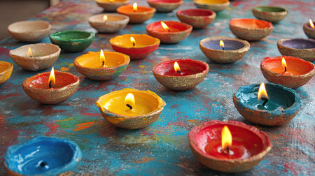 Handcrafted diyas glowing brightly on a festive surface, reflecting the vibrant essence of Indian traditionsの素材