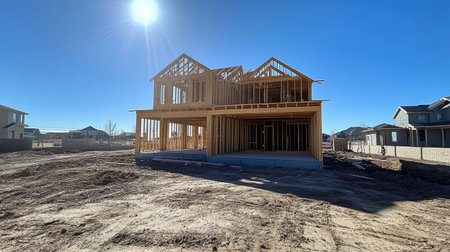 Framed structure of a new house under construction with clear blue skies in the backgroundの素材