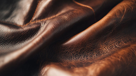 Intricate leather texture in close-up, featuring subtle grain and a warm, polished finishの素材