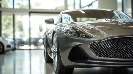 Elegant new car close-up in a bright showroom, emphasizing its front grille and shiny finishの素材