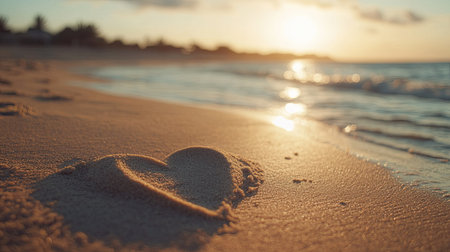 Heart-shaped impression in the sand, captured with shadows and a serene beach setting in the backgroundの素材