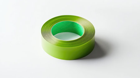 Green adhesive paper tape neatly rolled, isolated on white, emphasizing vibrant color and simplicityの素材
