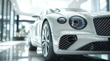 Luxurious car close-up showcasing its front design, parked in a bright and modern showroomの素材