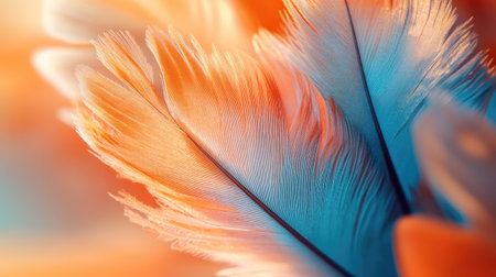 Macro photograph of orange and blue feather details, showcasing delicate patterns and vivid natural colorsの素材