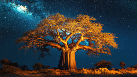 Glowing African baobab tree illuminated under a starlit sky, representing cultural legacy and resilienceの素材