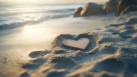 Heart-shaped impression in the sand, captured with shadows and a serene beach setting in the backgroundの素材