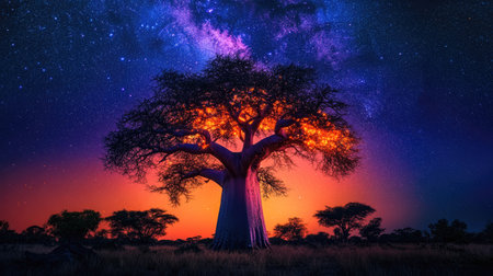 Magical baobab tree glowing in vibrant hues under an African night sky, symbolizing heritage and nature's beautyの素材