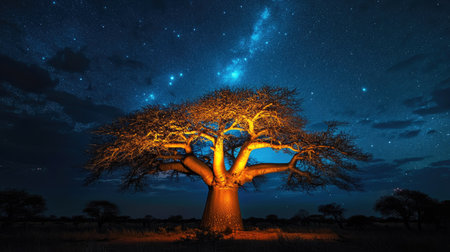 Glowing African baobab tree illuminated under a starlit sky, representing cultural legacy and resilienceの素材