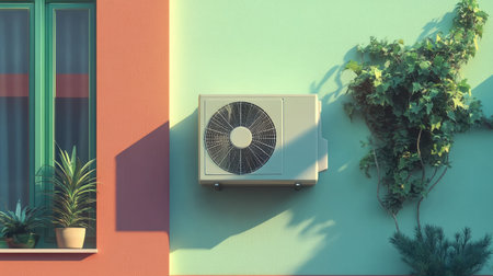 External air conditioner compressor unit on the wall of a house, blending with a neat outdoor setupの素材