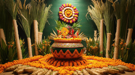 Intricately decorated Pongal pot at the center of a festive display with sugarcane and marigold garlandsの素材