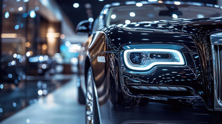 New vehicle front grille and headlight detail, framed in the context of a luxurious car showroomの素材