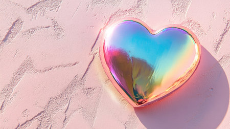 This image features a shiny, iridescent heart-shaped decoration against a soft pink background. The vibrant colors and unique texture create a playful, modern aesthetic perfect for any creative project.の素材