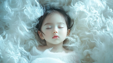 Tender moment of an Asian baby girl sleeping on a fluffy white fabric, embodying peace and purityの素材