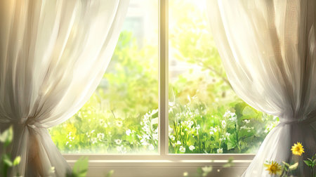 Soft window curtains with sunlight streaming through, revealing a lush green garden in the blurred backgroundの素材
