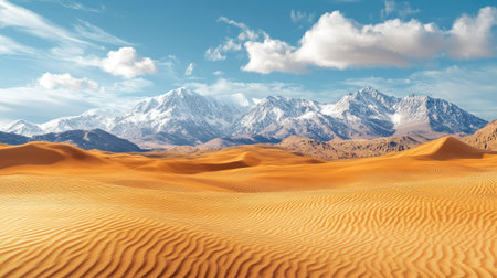 Breathtaking view of a vast desert landscape featuring rolling sand dunes in the foreground and majestic snow-capped mountains in the background. A striking natural contrast awaits explorers.の素材