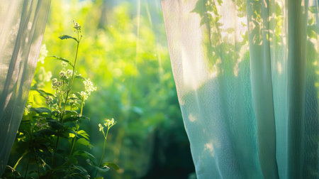 Sheer curtains gently swaying in front of a vibrant green garden blur, creating a calming sceneの素材