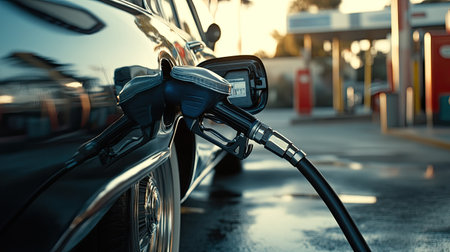 A vintage car is refueled at a gas station, showcasing a classic gas pump. The scene captures reflections on the polished surface, evoking nostalgia.の素材