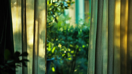 Subtle window curtains in soft focus, with a lush green garden blurred in the backgroundの素材