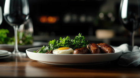A beautifully arranged breakfast plate features savory sausages, a perfectly cooked egg, and fresh greens on a wooden table, creating a gourmet dining experience.の素材