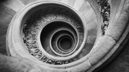 Captivating black and white image showcasing an intricate spiral staircase, emphasizing curves and architectural details in a historic setting.の素材