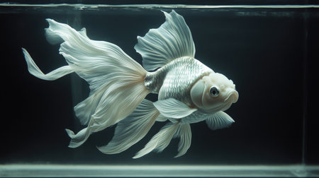 This captivating image showcases a graceful white goldfish swimming elegantly through a clear aquarium. The translucent fins create a serene atmosphere, highlighting the beauty of aquatic life.の素材