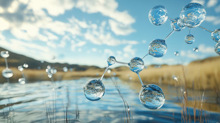 Water molecule illustration in a rural setting, blending futuristic design with natural resource managementの素材