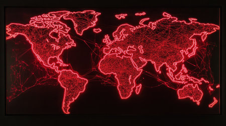 A striking red neon world map featuring intricate network lines on a dark background. This vibrant design symbolizes global connections and technology.の素材