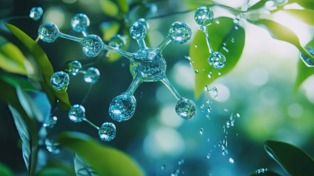Water molecule with futuristic design, set in a natural environment for global conservation awarenessの素材
