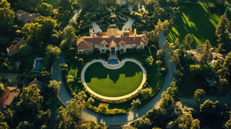 Aerial view of a magnificent mansion nestled in lush greenery, showcasing elegant landscaping, a beautiful pool, and a serene environment. Perfect for luxury dream home concepts.の素材