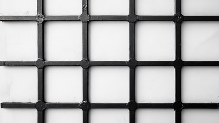 A black metal grid pattern on a white background creates a striking visual. Ideal for backgrounds, design projects, or pattern inspiration, this image showcases modern minimalism and geometric aesthetics.の素材